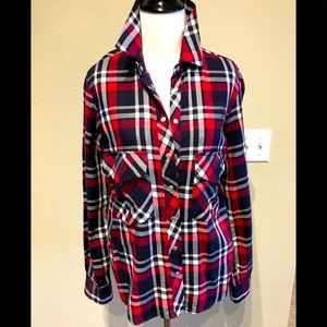 Zara Small Red Navy Plaid Shirt snapped button GUC